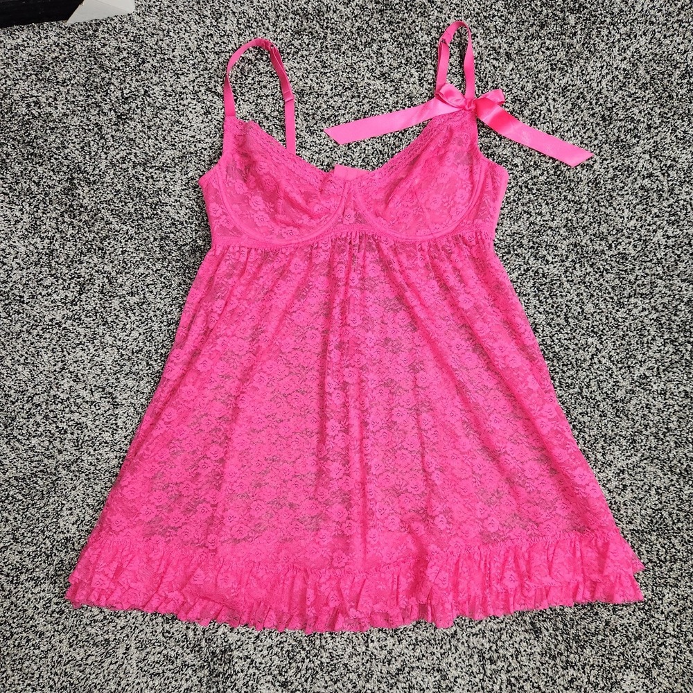 cacique intimates Pink Babydoll lingerie Sexy Sheer Ruffles Bow Women's 18/20